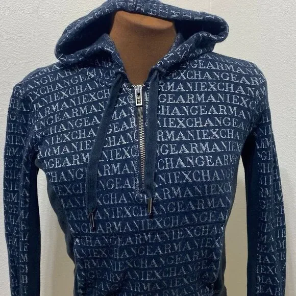 Armani Exchange Black/Silver Hoodie Size XS Quarter Zip Kangaroo Pocket - Picture 2 of 9